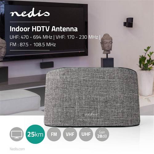 Nedis ANIR2512GY700 HDTV-Antenne voor Binnen | 0 - 25 km | Versterking 28 dB | FM / VHF / UHF | Grijs