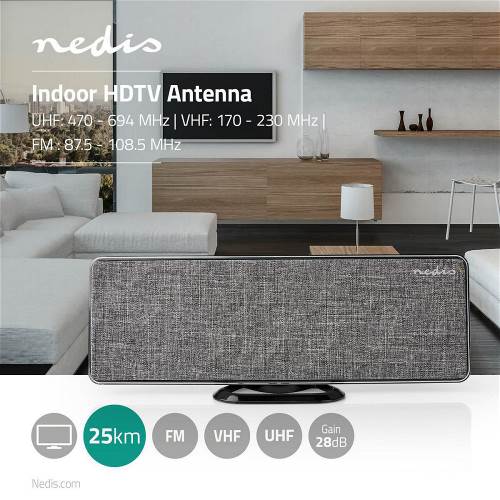 Nedis ANIR2513GY700 HDTV-Antenne voor Binnen | 0 - 25 km | Versterking 28 dB | FM / VHF / UHF | Grijs