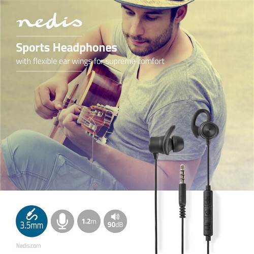 Nedis HPWD8002BK Sportkoptelefoon | Bekabeld | In het oor | 1,2 m kabel | Zwart
