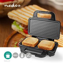 Nedis KASG100FBK Sandwich maker | 900 W | 26.8 x 14.5 cm | Automatische temperatuurregeling | Aluminium / Kunststof