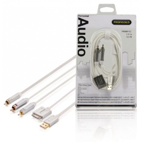 Profigold PROM102 Multimedia-kabel 30-pins dock male - 3x RCA male + USB 2.0 A male 1,00 m wit