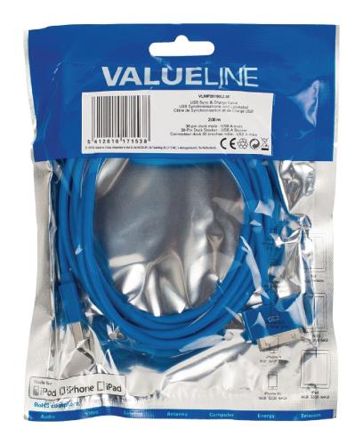 Valueline VLMP39100L2.00 USB sync & charge-kabel 30-pins dock mannelijk - USB A mannelijk 2,00 m blauw