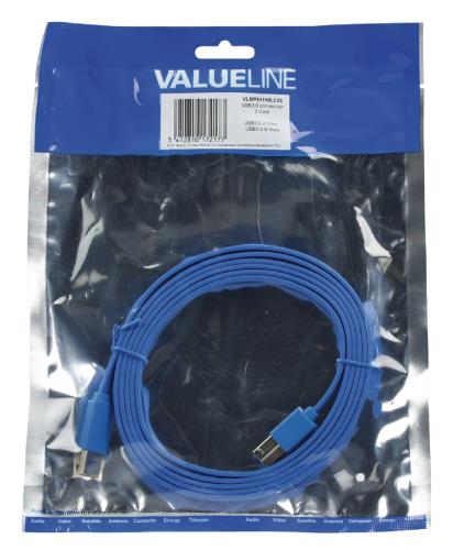 Valueline VLMP61110L2.00 Platte USB 3.0 A mannelijk naar USB 3.0 B mannelijk kabel 2,00 m blauw