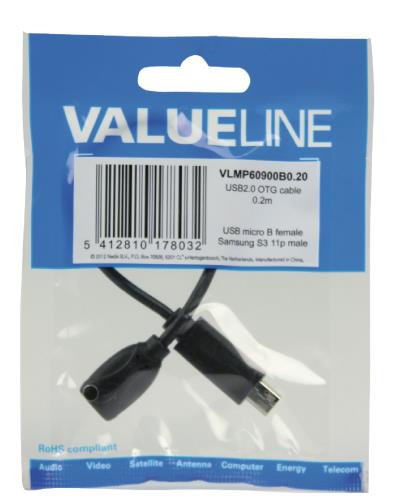Valueline VLMP60900B0.20 MHL-adapterkabel USB 11-pins Micro B mannelijk - USB 5-pins Micro B vrouwelijk 0,20 m zwart