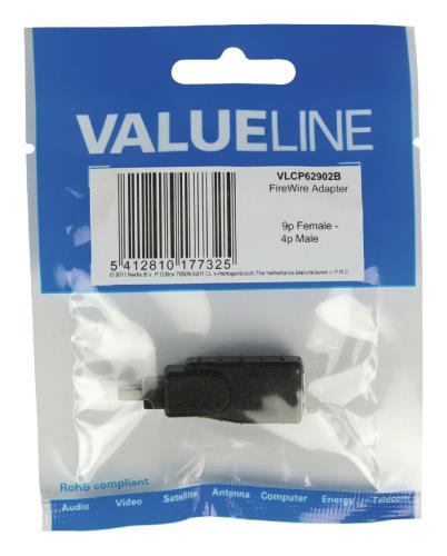 Valueline VLCP62902B FireWire 4-pin mannelijk - 9-pin vrouwelijk adapter zwart