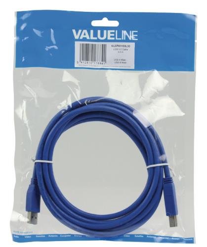 Valueline VLCP61100L30 USB 3.0 USB A male - USB B male kabel 3,00 m blauw