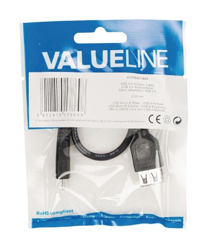 Valueline VLCP60570B02 USB 2.0 USB Micro B mannelijk - USB A vrouwelijk adapter kabel 0,20 m zwart