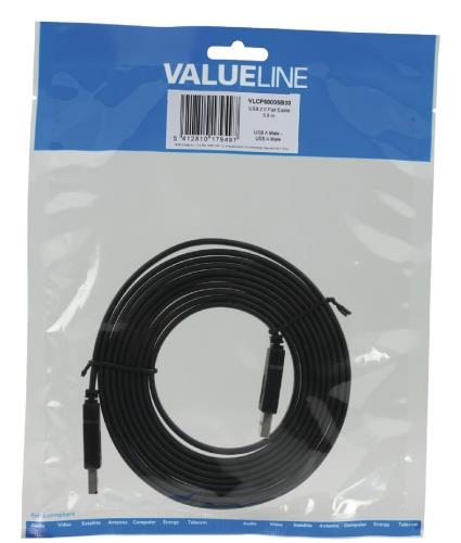 Valueline VLCP60005B30 USB 2.0 USB A male - USB A male platte kabel 3,00 m zwart