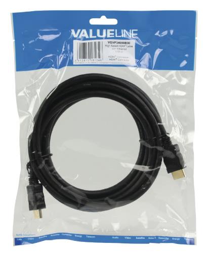 Valueline VGVP34000B30 High Speed HDMI kabel met ethernet HDMI connector - HDMI connector 3,00 m zwart