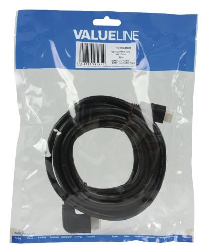 Valueline VGVP34260B30 High Speed HDMI kabel met ethernet HDMI connector - HDMI connector rechts gehoekt 3,00 m zwart