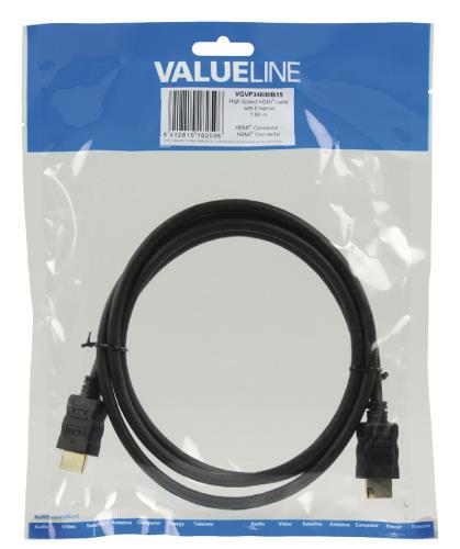 Valueline VGVP34000B15 High Speed HDMI kabel met ethernet HDMI connector - HDMI connector 1,50 m zwart