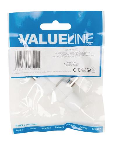 Valueline VLSP40904W Gehoekte ongesoldeerde coax connectoren coax mannelijk wit 2 stuks