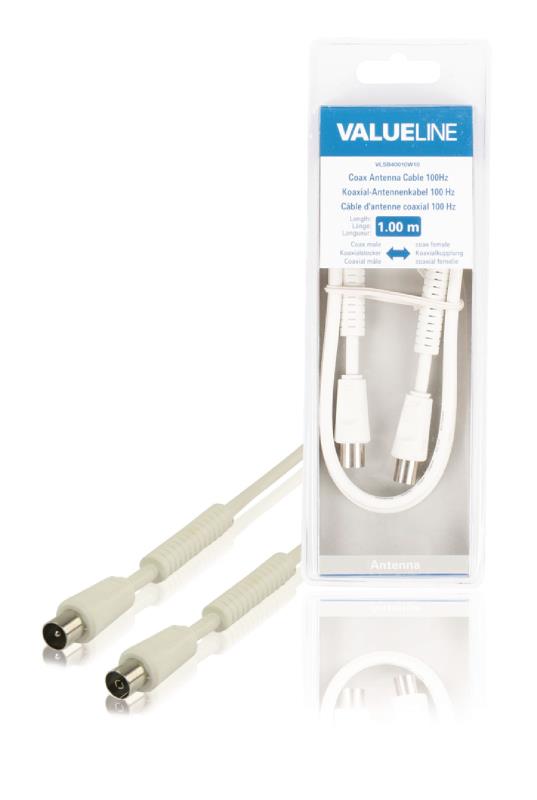 Valueline VLSB40010W10 Coax antennekabel 100dB coax mannelijk - coax vrouwelijk 1,00 m wit