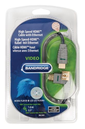 Bandridge BVL1401 High Speed HDMI-kabel met Ethernet HDMI-connector - HDMI-connector (links-gehoekt) 1,0 m blauw