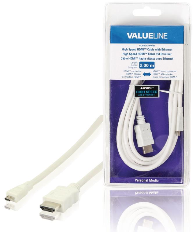 Valueline VLMB34700W20 High Speed HDMI-kabel met ethernet HDMI-connector - HDMI micro-connector 2,00 m wit