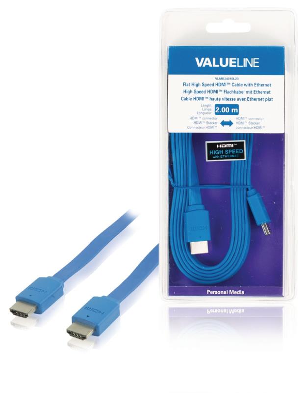 Valueline VLMB34010L20 Platte High Speed HDMI kabel met ethernet HDMI-connector - HDMI-connector 2,00 m blauw