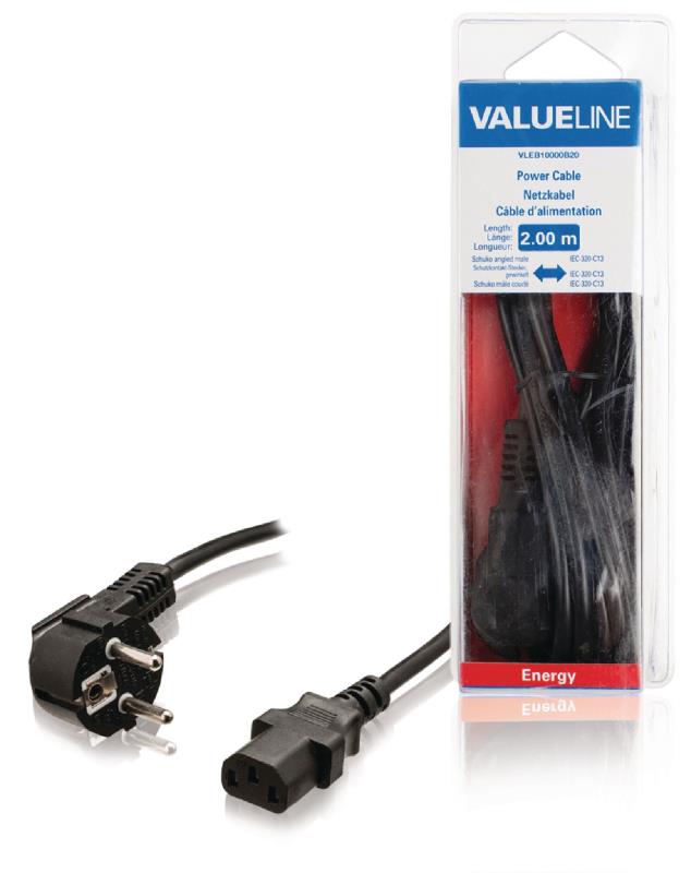 Valueline VLEB10000B20 Stroomkabel Schuko gehoekt mannelijk - IEC-320-C13 2,00 m zwart