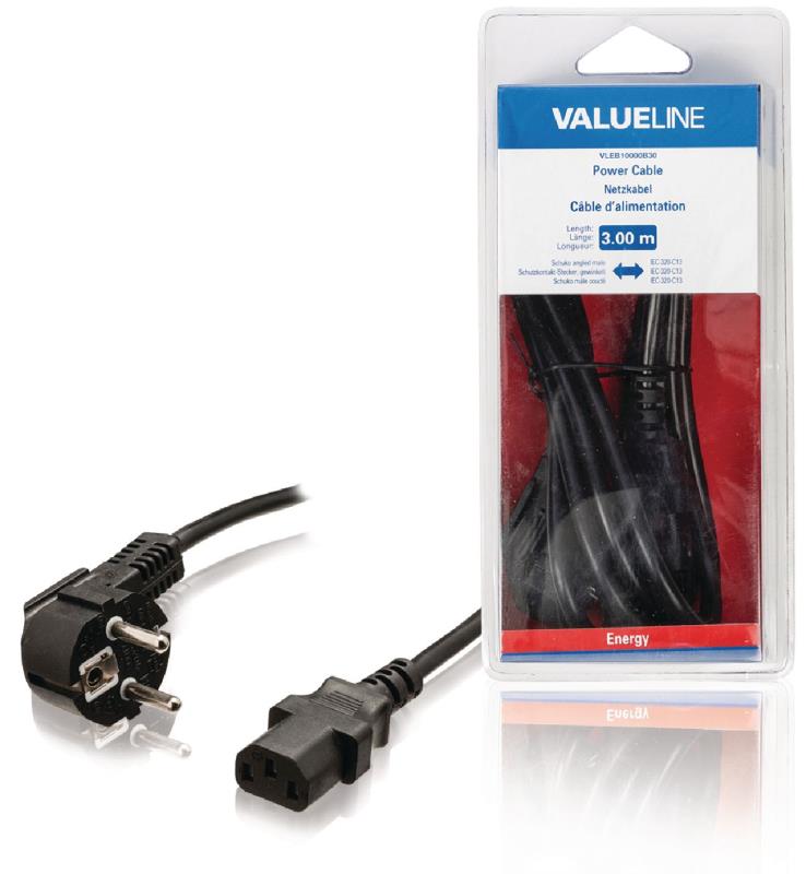Valueline VLEB10000B30 Stroomkabel Schuko gehoekt mannelijk - IEC-320-C13 3,00 m zwart