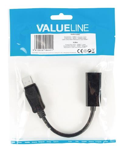 Valueline VLCP37150B02 DisplayPort - HDMI adapterkabel DisplayPort male - HDMI input 0,20 m zwart
