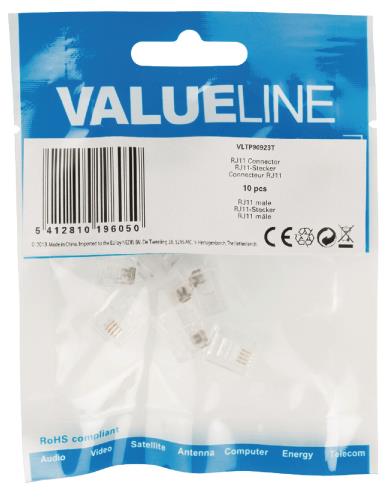 Valueline VLTP90923T RJ11 connector RJ11 mannelijk transparant 10 stuks
