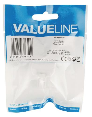 Valueline VLTP90995W RJ11 splitter RJ11 mannelijk - 2x RJ11 vrouwelijk wit