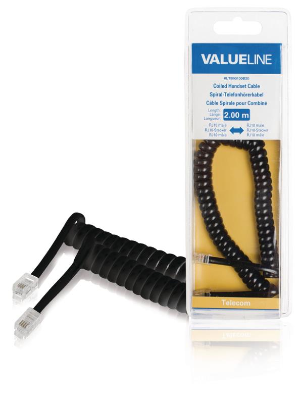 Valueline VLTB90100B20 Spiraalkabel voor telefoonhoorns RJ10 mannelijk - RJ10 mannelijk 2,00 m zwart