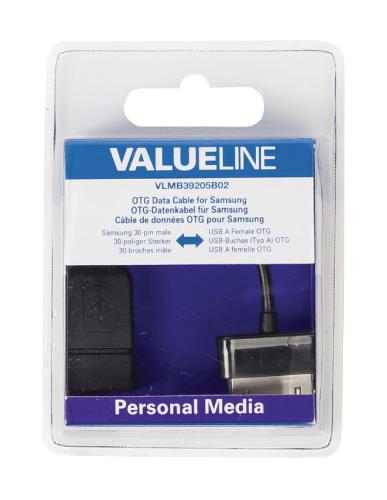 Valueline VLMB39205B02 OTG data kabel voor Samsung 30-pins mannelijk - USB A vrouwelijk zwart 0,20 m