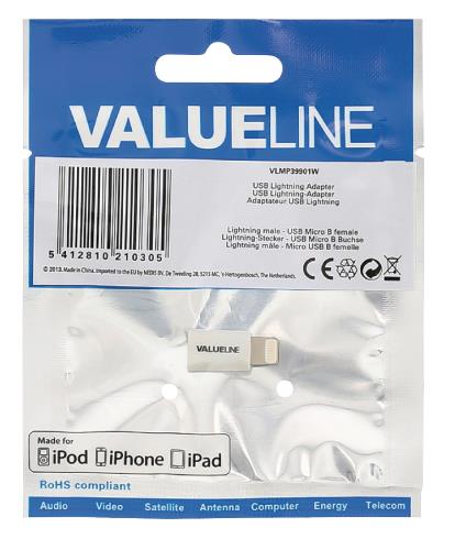 Valueline VLMP39901W USB lightning-adapter lightning mannelijk - USB Micro B vrouwelijk wit