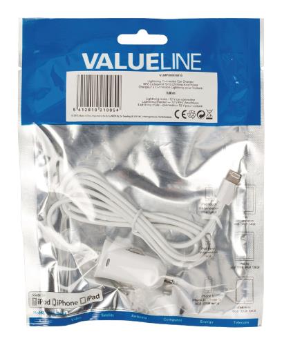 Valueline VLMP39891W10 Lightning-aansluiting autolader lightning male - 12V-autoaansluiting 1,00 m wit 2.4A