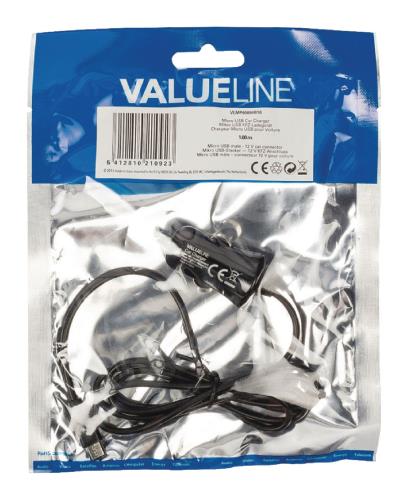 Valueline VLMP60890B10 Micro-USB-autolader Micro USB male - 12V autoaansluiting 1,00 m zwart 2.1A