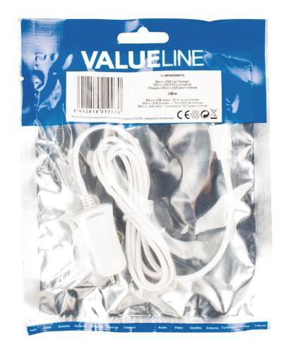Valueline VLMP60890W10 Micro-USB-autolader Micro USB male - 12V-autoaansluiting 1,00 m wit 2.1A