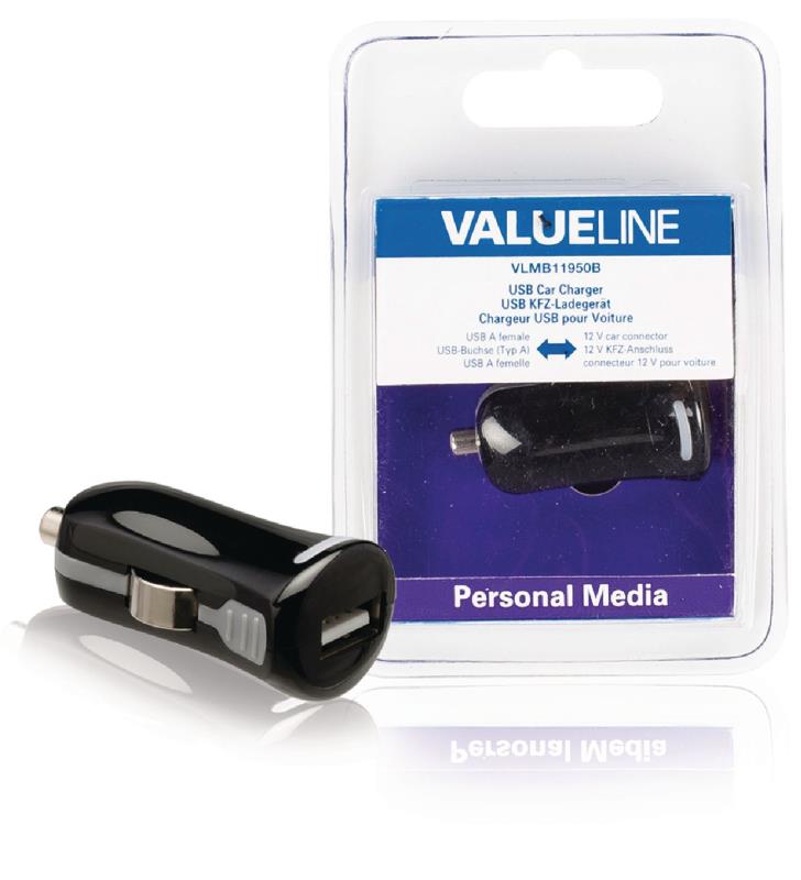 Valueline VLMB11950B USB-autolader USB A female - 12V-autoaansluiting zwart 2.1A