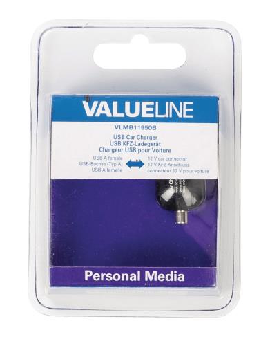 Valueline VLMB11950B USB-autolader USB A female - 12V-autoaansluiting zwart 2.1A