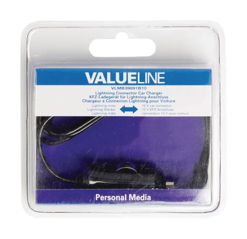 Valueline VLMB39891B10 Lightning-aansluiting autolader lightning male - 12V-autoaansluiting 1,00 m zwart 2.4A