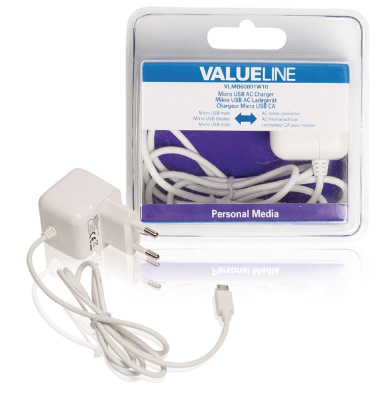 Valueline VLMB60891W10 Micro-USB-lader Micro USB male - AC-huisaansluiting 1,00 m wit 2.1A