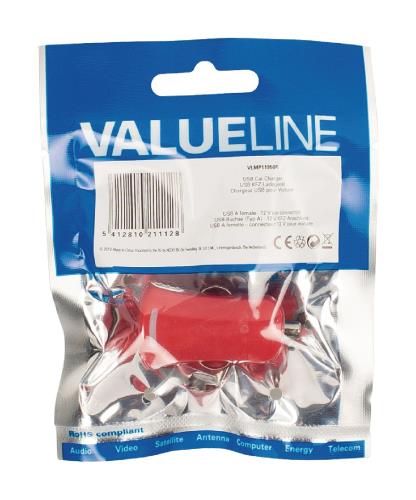 Valueline VLMP11950R USB-autolader USB A female - 12V-aansluiting rood