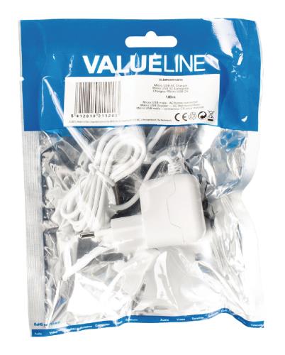 Valueline VLMP60891W10 Micro-USB-lader Micro USB male - AC-huisaansluiting 1,00 m wit 2.1A