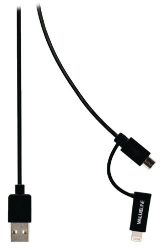 Valueline VLMP39400B1.00 Sync- en oplaadkabel USB 2.0 A male - Micro B male met lightning-adapter 1,00 m zwart