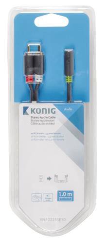 König KNA22255E10 Stereo audiokabel 2x RCA male - 3,5 mm female 1,00 m grijs