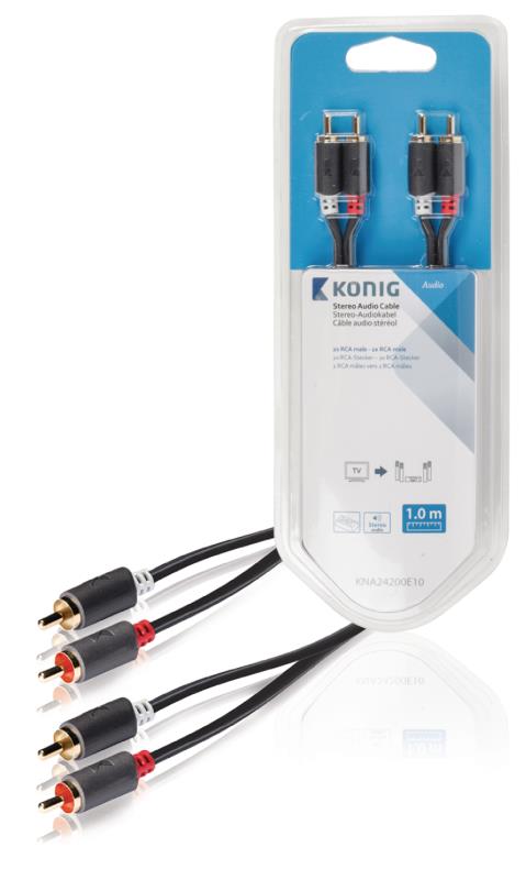 König KNA24200E10 Stereo audiokabel 2x RCA male - 2x male 1,00 m grijs