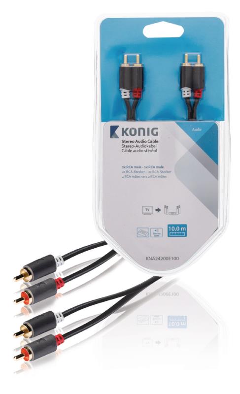 König KNA24200E100 Stereo audiokabel 2x RCA male - 2x male 10,0 m grijs