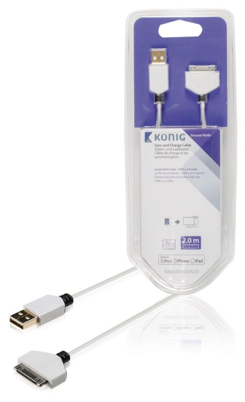 König KNM39100W20 Sync and charge kabel 30-pins dock male - USB 2.0 A male 2,00 m wit