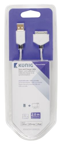 König KNM39100W20 Sync and charge kabel 30-pins dock male - USB 2.0 A male 2,00 m wit
