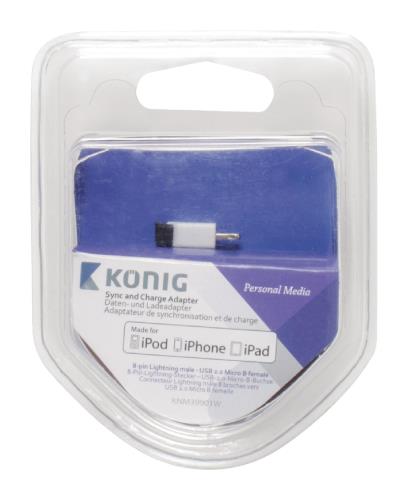 König KNM39901W Sync and charge adapter 8-pins Lightning male - USB 2.0 Micro B female 1 stuk wit