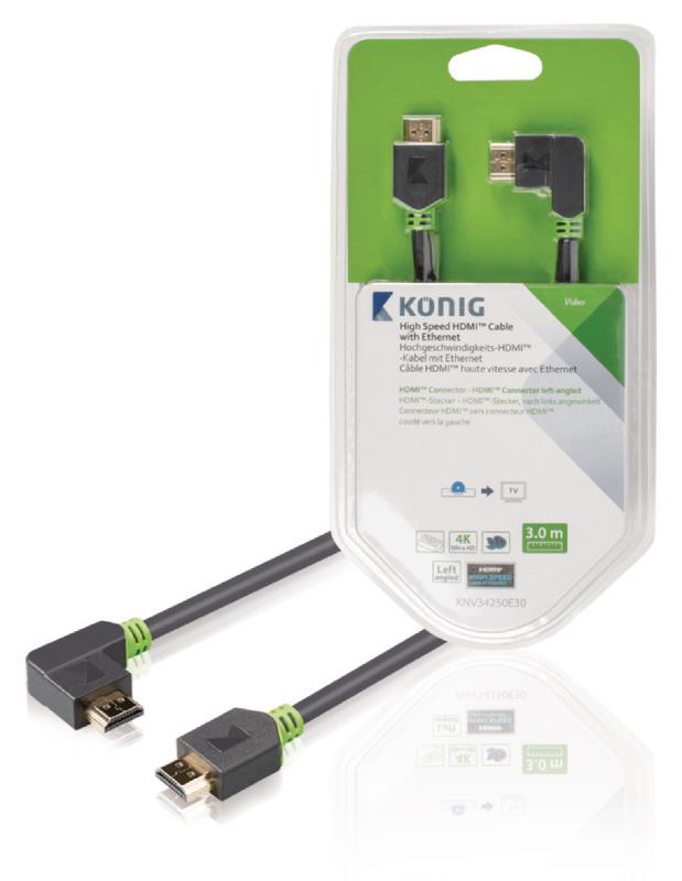 König KNV34250E30 High Speed HDMI kabel met Ethernet HDMI connector - HDMI connector links gehoekt 3,00 m grijs