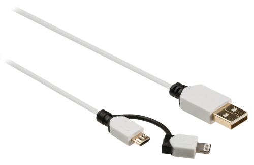 König KNM39400W10 Sync and charge kabel USB Micro B male - A male + 8-pins Lightning male adapter 1,00 m wit