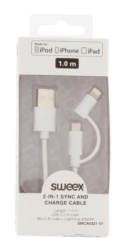 Sweex SMCA0321-01 2 in 1 sync and charge cable USB 2.0 A male - Micro B male + Lightning adapter 1.00 m white