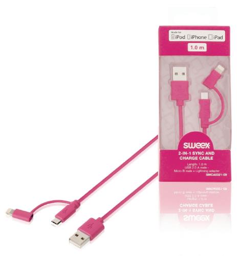 Sweex SMCA0321-09 2 in 1 sync and charge cable USB 2.0 A male - Micro B male + Lightning adapter 1.00 m pink