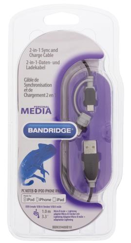 Bandridge BBM39400B10 2-in-1 sync and charge kabel USB 2.0 A male - Micro B male met geïntegreerde Lightning adapter ...