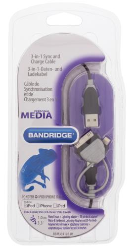 Bandridge BBM39410B10 3 in 1 sync and charge kabel USB 2.0 A male - Micro B male met geïntegreerde Lightning adapter ...